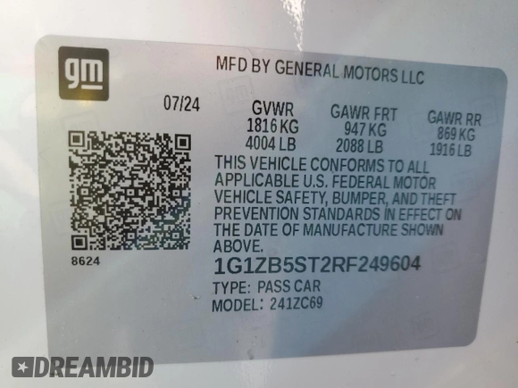 2024 Chevrolet Malibu LS with VIN 1G1ZB5ST2RF249604, listed as a Copart auction lot 46076665 with 454 mi miles and Salvage Title. Bid and sale history available at DreamBid. Image 12.