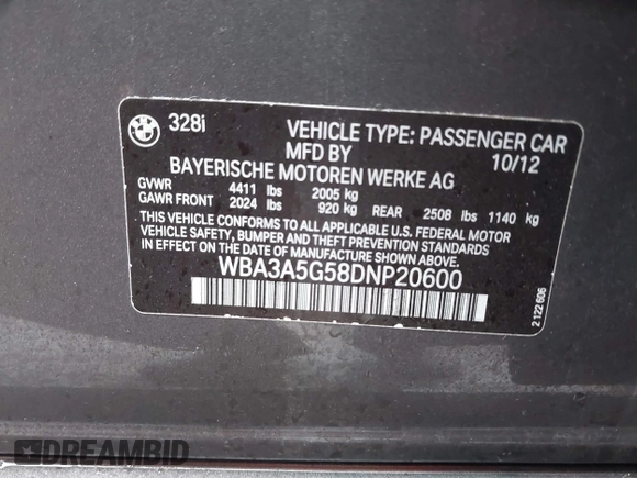 2013 BMW 3 Series 328i with VIN WBA3A5G58DNP20600, listed as a IAAI auction lot 41514839 with 93,208 mi miles. Bid and sale history available at carsss.com. Image 9.