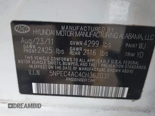 2012 Hyundai Sonata SE z VIN 5NPEC4AC4CH362031, wystawiony jako IAAI lot #41796480 z przebiegiem 160 659 mil mil oraz . Historia ofert i sprzedaży dostępna na DreamBid. Obrazek 9.
