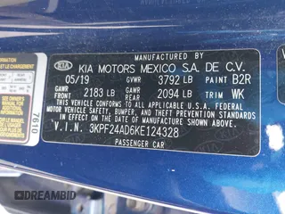 2019 Kia Forte LXS with VIN 3KPF24AD6KE124328, listed as a IAAI auction lot 41740592 with 103,007 mi miles. Bid and sale history available at carsss.com. Image 9.