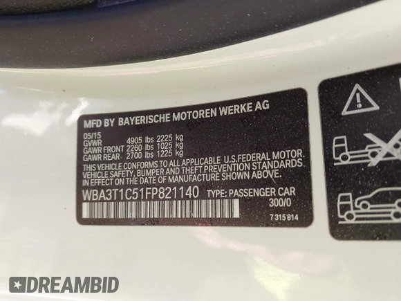 2015 BMW 4 Series 428i xDrive with VIN WBA3T1C51FP821140, listed as a IAAI auction lot 41802697 with 95,232 mi miles and . Bid and sale history available at carsss.com. Image 9.