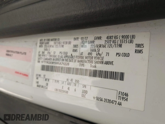 2017 Ford Transit with VIN 1FTYR3XM1HKA71226, listed as a IAAI auction lot 42424063 with 469,652 mi miles and . Bid and sale history available at DreamBid. Image 9.