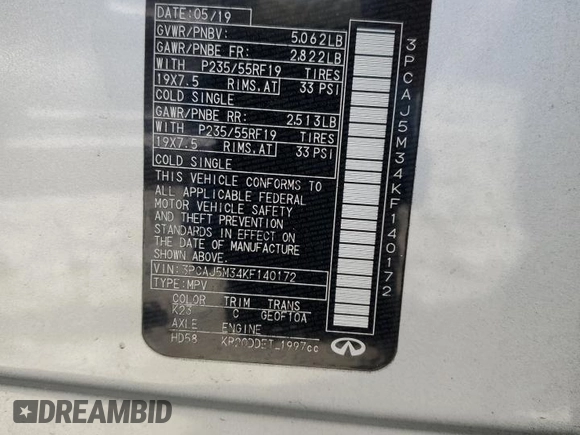 2019 Infiniti QX50 Luxe z VIN 3PCAJ5M34KF140172, wystawiony jako Copart lot #54105675 z przebiegiem Nie podano mil oraz Szkoda całkowita • Salvage title. Historia ofert i sprzedaży dostępna na DreamBid. Obrazek 14.
