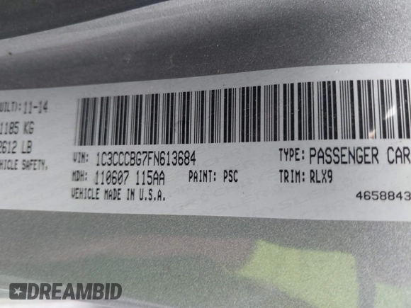 2015 Chrysler 200 S with VIN 1C3CCCBG7FN613684, listed as a IAAI auction lot 41028061 with 111,061 mi miles. Bid and sale history available at carsss.com. Image 9.
