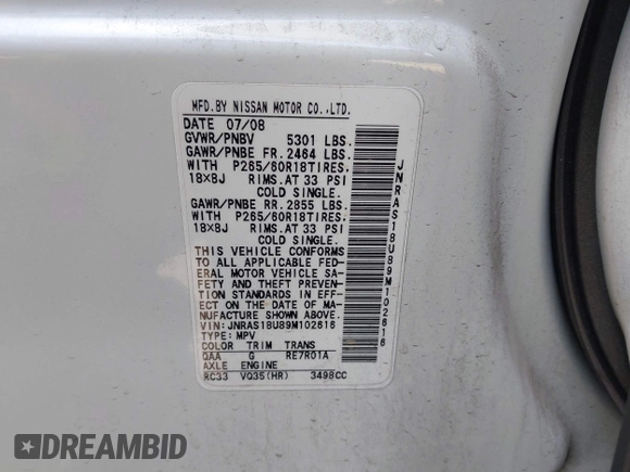 2009 Infiniti FX with VIN JNRAS18U89M102616, listed as a IAAI auction lot 42273259 with 155,174 mi miles and . Bid and sale history available at DreamBid. Image 9.