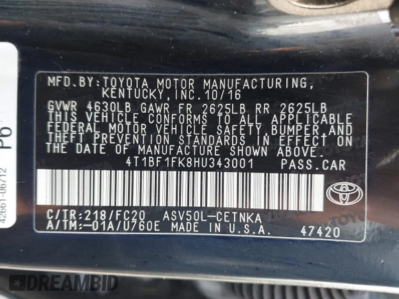2017 Toyota Camry XLE z VIN 4T1BF1FK8HU343001, wystawiony jako IAAI lot #41487686 z przebiegiem 214 682 mil mil oraz . Historia ofert i sprzedaży dostępna na DreamBid. Obrazek 9.