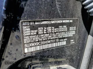 2017 BMW X3 xDrive28i with VIN 5UXWX9C35H0W70119, listed as a Copart auction lot 52718705 with 70,277 mi miles and Salvage Title. Bid and sale history available at DreamBid. Image 13.