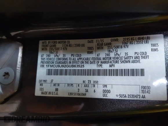 2016 Ford Escape Titanium with VIN 1FMCU9J92GUB63525, listed as a IAAI auction lot 41469824 with 156,773 mi miles. Bid and sale history available at carsss.com. Image 9.
