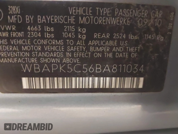 2011 BMW 3 Series 328i xDrive with VIN WBAPK5C56BA811034, listed as a IAAI auction lot 41870924 with 168,793 mi miles and . Bid and sale history available at DreamBid. Image 9.