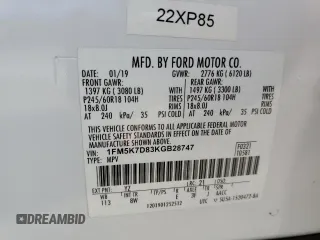 2019 Ford Explorer XLT z VIN 1FM5K7D83KGB28747, wystawiony jako Copart lot #71127864 z przebiegiem 127 986 mil mil oraz Szkoda całkowita • Salvage title. Historia ofert i sprzedaży dostępna na DreamBid. Obrazek 13.