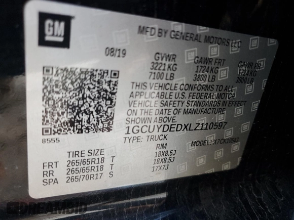 2020 Chevrolet Silverado 1500 LT z VIN 1GCUYDEDXLZ110597, wystawiony jako Copart lot #86982014 z przebiegiem 117 805 mil mil oraz Szkoda całkowita • Salvage title. Historia ofert i sprzedaży dostępna na DreamBid. Obrazek 13.