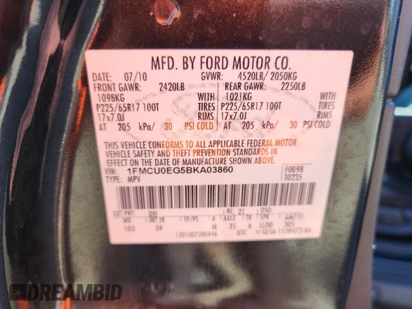 2011 Ford Escape Limited with VIN 1FMCU0EG5BKA03860, listed as a Copart auction lot 65348055 with 219,784 mi miles and Clean title. Bid and sale history available at DreamBid. Image 13.