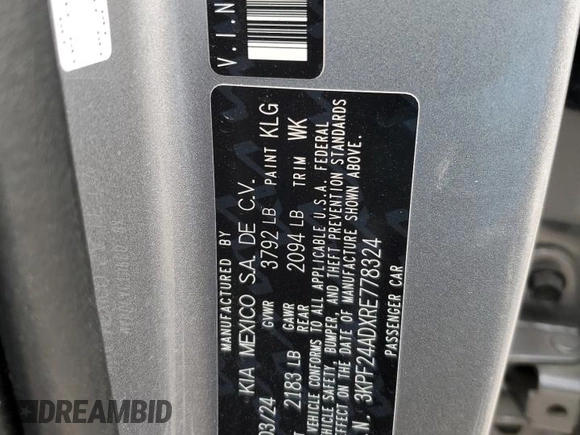 2024 Kia Forte LXS with VIN 3KPF24ADXRE778324, listed as a Copart auction lot 50536755 with 1,487 mi miles and Salvage Title. Bid and sale history available at DreamBid. Image 12.