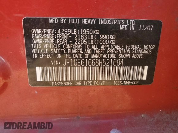 2008 Subaru Impreza Sedan (Natl) i w/Premium Pkg with VIN JF1GE61668H521684, listed as a Copart auction lot 51252005 with 186,612 mi miles and Non Repairable. Bid and sale history available at carsss.com. Image 12.