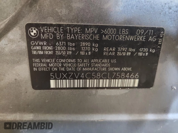 2012 BMW X5 35i z VIN 5UXZV4C58CL758466, wystawiony jako Copart lot #59799955 z przebiegiem 119 331 mil mil oraz Nie do naprawy • Non repairable. Historia ofert i sprzedaży dostępna na DreamBid. Obrazek 14.