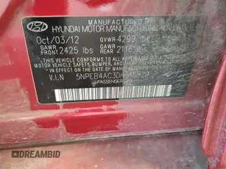 2013 Hyundai Sonata GLS with VIN 5NPEB4AC3DH616929, listed as a Copart auction lot 60520335 with 84,206 mi miles and Salvage title. Bid and sale history available at DreamBid. Image 12.