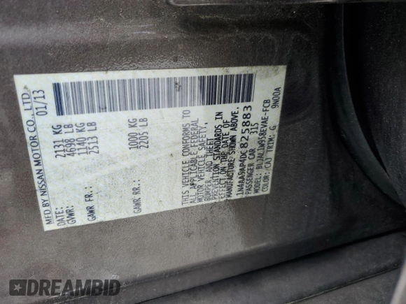 2013 Nissan Maxima S with VIN 1N4AA5AP4DC825883, listed as a Copart auction lot 53831534 with 187,728 mi miles and Salvage Title. Bid and sale history available at DreamBid. Image 13.