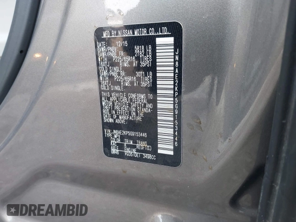 2016 Nissan Quest SL with VIN JN8AE2KP5G9153446, listed as a IAAI auction lot 41771878 with 80,922 mi miles and . Bid and sale history available at DreamBid. Image 9.