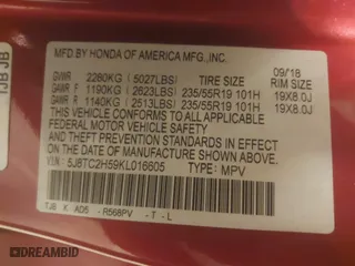 2019 Acura RDX w/Technology Pkg with VIN 5J8TC2H59KL016605, listed as a IAAI auction lot 41567145 with 69,528 mi miles. Bid and sale history available at carsss.com. Image 9.