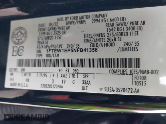 2022 Ford F-150 XL with VIN 1FTEW1EP5NFB41358, listed as a IAAI auction lot 42314491 with 68,749 mi miles and . Bid and sale history available at DreamBid. Image 9.