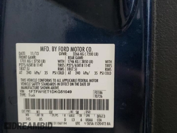 2013 Ford F-150 XL with VIN 1FTFW1ET1DKG51049, listed as a Copart auction lot 44202195 with 133,415 mi miles and Salvage Title. Bid and sale history available at carsss.com. Image 14.
