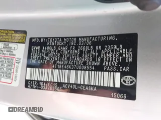 2007 Toyota Camry CE with VIN 4T1BE46K37U008554, listed as a IAAI auction lot 41861902 with 201,411 mi miles and . Bid and sale history available at DreamBid. Image 9.
