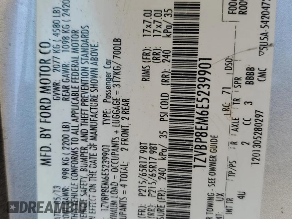 2014 Ford Mustang V6 with VIN 1ZVBP8EM6E5239901, listed as a Copart auction lot 57832665 with 87,798 mi miles and Salvage title. Bid and sale history available at DreamBid. Image 13.