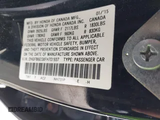 2015 Honda Civic Sedan Si with VIN 2HGFB6E5XFH701937, listed as a IAAI auction lot 42002072 with 106,950 mi miles. Bid and sale history available at carsss.com. Image 9.