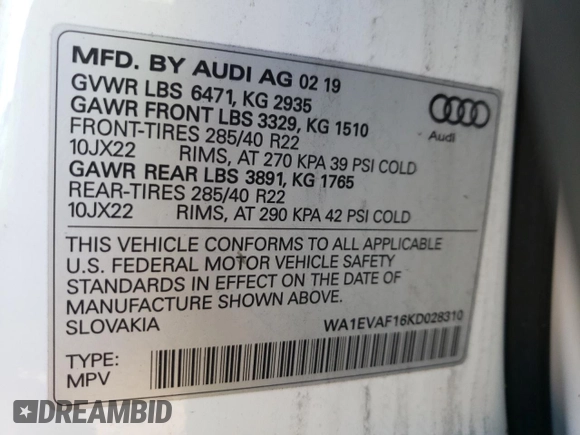 2019 Audi Q8 Premium Plus with VIN WA1EVAF16KD028310, listed as a Copart auction lot 44517773 with 49,088 mi miles. Bid and sale history available at carsss.com. Image 15.