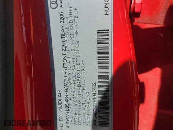 2015 Audi A3 Premium with VIN WAUACGFF2F1047403, listed as a Copart auction lot 62104235 with 91,397 mi miles and Salvage title. Bid and sale history available at DreamBid. Image 12.
