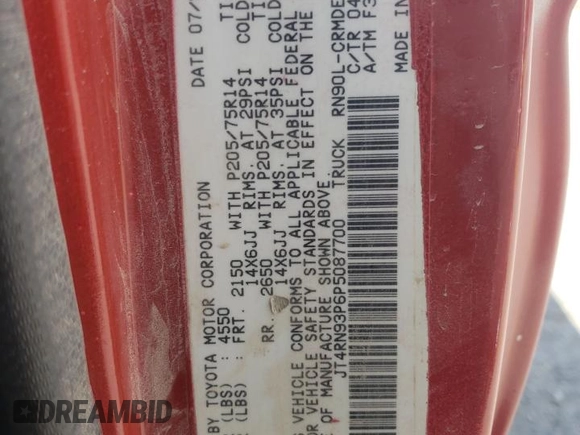 1993 Toyota Pickup DLX z VIN JT4RN93P6P5087700, wystawiony jako Copart lot #72069284 z przebiegiem 219 137 mil mil oraz Szkoda całkowita • Salvage title. Historia ofert i sprzedaży dostępna na DreamBid. Obrazek 12.