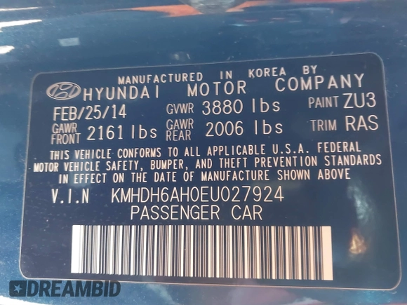 2014 Hyundai Elantra z VIN KMHDH6AH0EU027924, wystawiony jako IAAI lot #41646158 z przebiegiem 39 213 mil mil oraz . Historia ofert i sprzedaży dostępna na DreamBid. Obrazek 9.