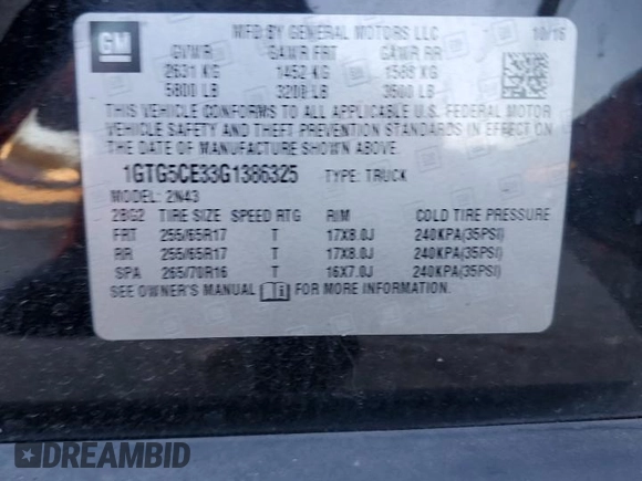 2016 GMC Canyon 2WD SLE with VIN 1GTG5CE33G1386325, listed as a Copart auction lot 86988134 with 91,610 mi miles and Salvage Title. Bid and sale history available at carsss.com. Image 12.
