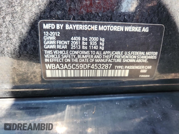 2013 BMW 3 Series 328i with VIN WBA3A5C59DF453287, listed as a Copart auction lot 62814395 with 172,767 mi miles and Clean title. Bid and sale history available at DreamBid. Image 13.