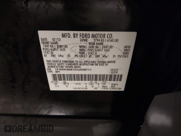 2013 Ford Explorer с VIN 1FM5K8B81DGA98711, выставлен на аукционе IAAI как лот 42156378 с пробегом 130 362 миль миль и . История ставок и продаж доступна на DreamBid. Изображение 9.