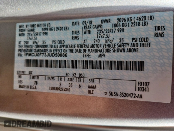 2018 Ford Escape S with VIN 1FMCU0F73JUD50086, listed as a Copart auction lot 60850495 with 67,629 mi miles and Salvage title. Bid and sale history available at DreamBid. Image 13.