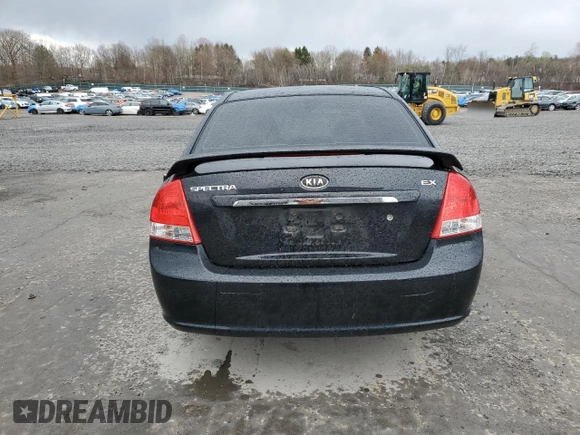 2009 Kia Spectra EX with VIN KNAFE222795620282, listed as a Copart auction lot 53187425 with 0 mi miles and Salvage Title. Bid and sale history available at carsss.com. Image 6.