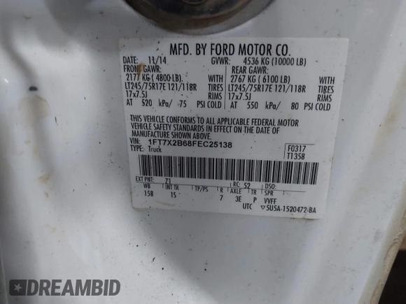 2015 Ford F-250 XLT with VIN 1FT7X2B68FEC25138, listed as a IAAI auction lot 38075714 with Not provided miles and . Bid and sale history available at DreamBid. Image 9.