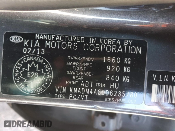2013 Kia Rio LX with VIN KNADM4A30D6235780, listed as a Copart auction lot 49041725 with 190,529 mi miles and Clean Title. Bid and sale history available at carsss.com. Image 12.