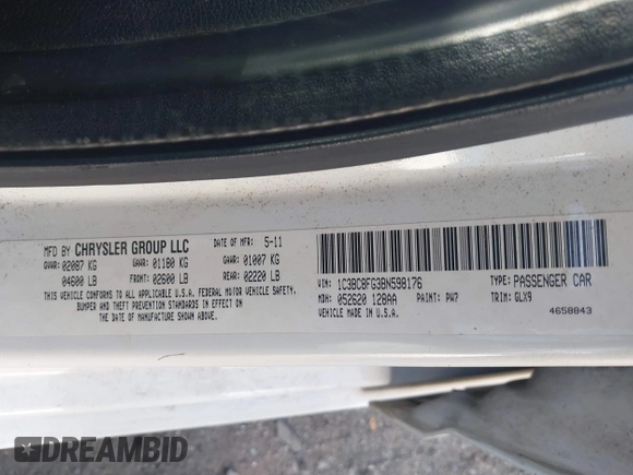2011 Chrysler 200 S with VIN 1C3BC8FG3BN598176, listed as a IAAI auction lot 41869108 with 186,793 mi miles. Bid and sale history available at carsss.com. Image 9.
