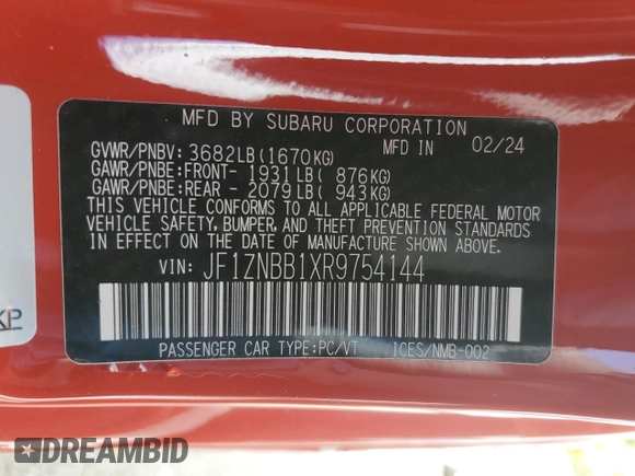 2024 Toyota 86 with VIN JF1ZNBB1XR9754144, listed as a Copart auction lot 48593365 with 5,057 mi miles and Salvage Title. Bid and sale history available at DreamBid. Image 13.