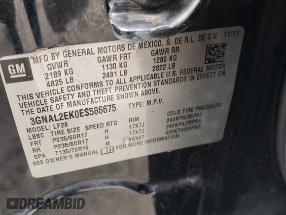 2014 Chevrolet Captiva Sport LS with VIN 3GNAL2EK0ES586675, listed as a Copart auction lot 70558614 with 163,616 mi miles and Salvage Title. Bid and sale history available at DreamBid. Image 13.
