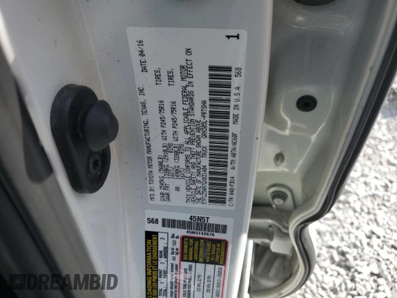 2016 Toyota Tacoma SR with VIN 5TFCZ5AN7GX031404, listed as a Copart auction lot 57049644 with Not Provided miles and Salvage Title. Bid and sale history available at DreamBid. Image 12.