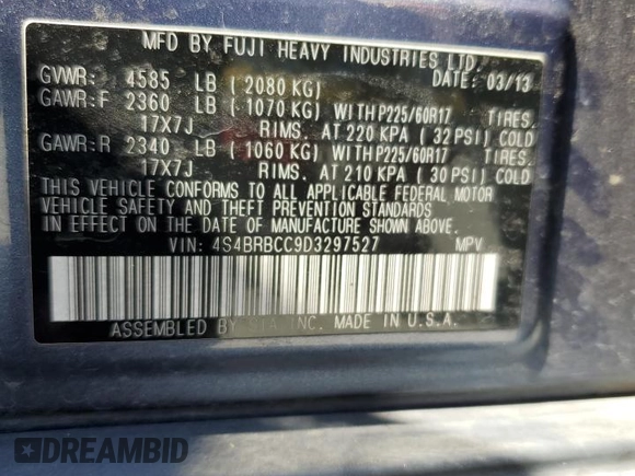 2013 Subaru Outback Premium with VIN 4S4BRBCC9D3297527, listed as a Copart auction lot 61694605 with 112,907 mi miles and Clean title. Bid and sale history available at DreamBid. Image 13.