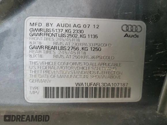 2013 Audi allroad A4 Premium Plus z VIN WA1UFAFL3DA107187, wystawiony jako Copart lot #53933875 z przebiegiem 137 538 mil mil oraz Szkody całkowita. Historia ofert i sprzedaży dostępna na DreamBid. Obrazek 14.