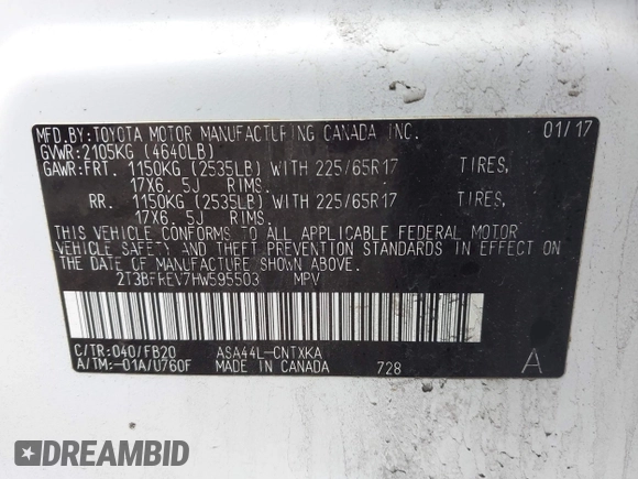2017 Toyota RAV4 LE with VIN 2T3BFREV7HW595503, listed as a IAAI auction lot 42131114 with 68,204 mi miles and . Bid and sale history available at DreamBid. Image 9.