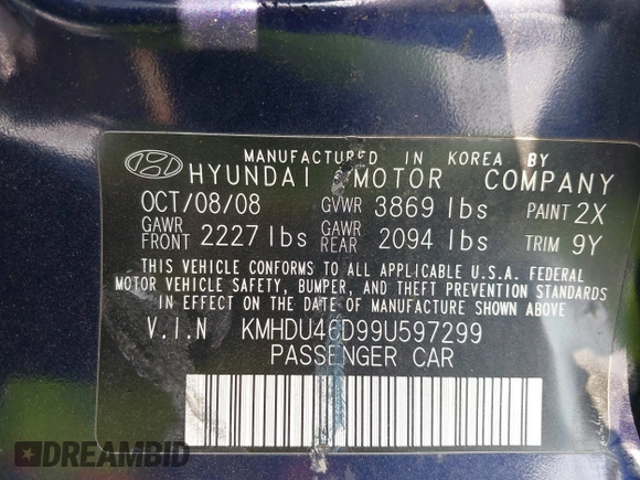 2009 Hyundai Elantra SE z VIN KMHDU46D99U597299, wystawiony jako IAAI lot #42395907 z przebiegiem 141 628 mil mil oraz . Historia ofert i sprzedaży dostępna na DreamBid. Obrazek 9.