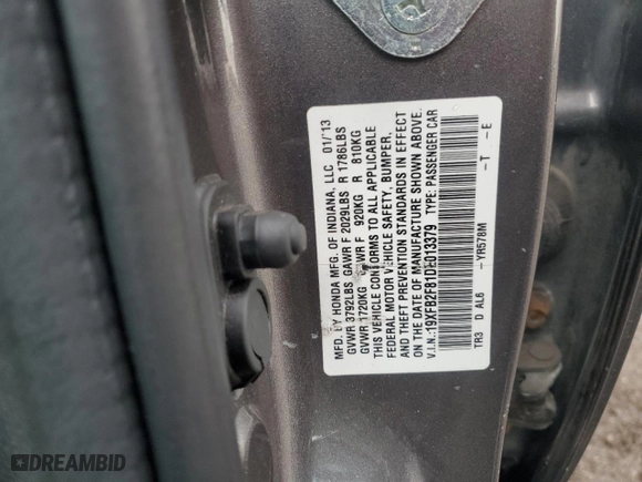 2013 Honda Civic Sdn EX with VIN 19XFB2F81DE013379, listed as a Copart auction lot 50267705 with 134,057 mi miles and Salvage Title. Bid and sale history available at carsss.com. Image 13.