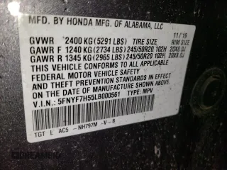 2020 Honda Passport EX-L with VIN 5FNYF7H55LB000561, listed as a Copart auction lot 52014515 with 51,954 mi miles and Clean Title. Bid and sale history available at carsss.com. Image 13.