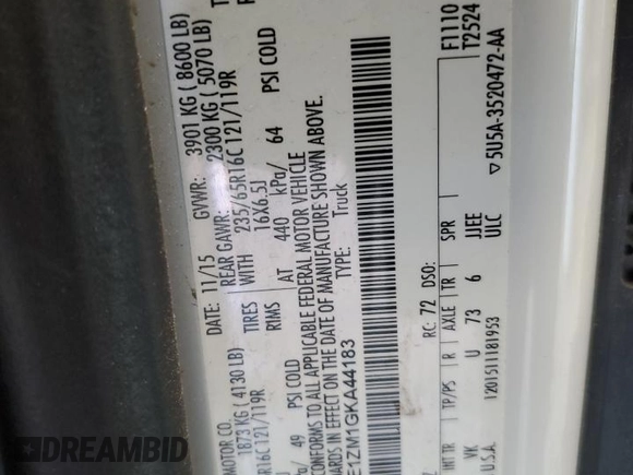 2016 Ford Transit Cargo with VIN 1FTYE1ZM1GKA44183, listed as a Copart auction lot 59685045 with 106,156 mi miles and Salvage title. Bid and sale history available at DreamBid. Image 13.